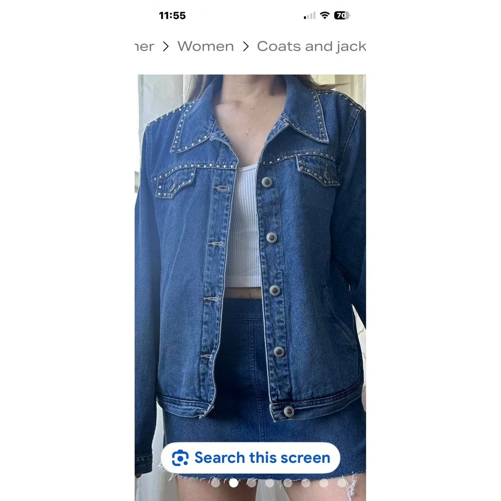 Just Blu‎ Womens Blue Denim Studded Jean Jacket Silver Studs Size Medium Vintage
